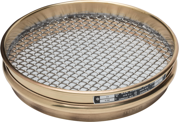 8" Dia., No. 4 (4.75mm)  Brass Frame Stainless Mesh, 2" (50mm) Full Height Frame Standard Sieve