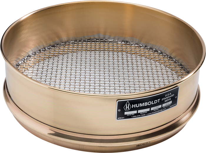 12" Dia., No. 8 (2.36mm) Brass Frame Stainless Mesh, 3" (75mm) Full Height Frame Standard Sieve