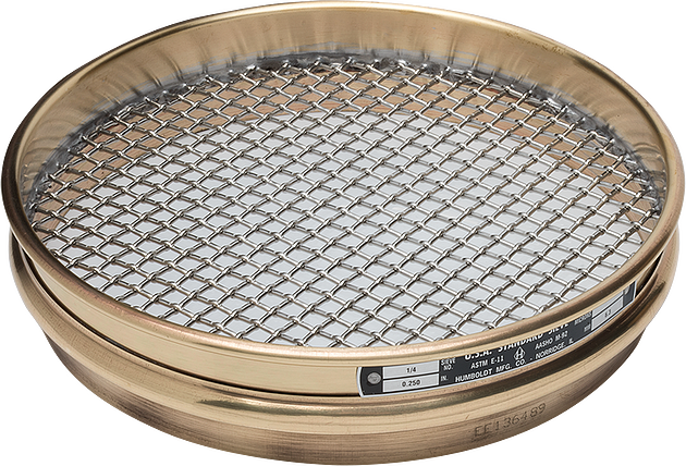 8" Dia., No. 4 (4.75mm)  Brass Frame Stainless Mesh, 2" (50mm) Full Height Frame Standard Sieve