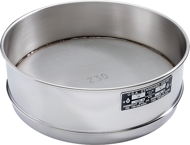 12" Dia., No. 325 (45µm) Stainless Frame Stainless Mesh, 3" (75mm) Full Height Frame Calibration Sieve