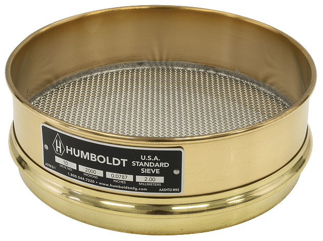 8" Dia., No. 10 (2.00mm) Brass Frame Stainless Mesh, 2" (50mm) Full Height Frame Standard Sieve