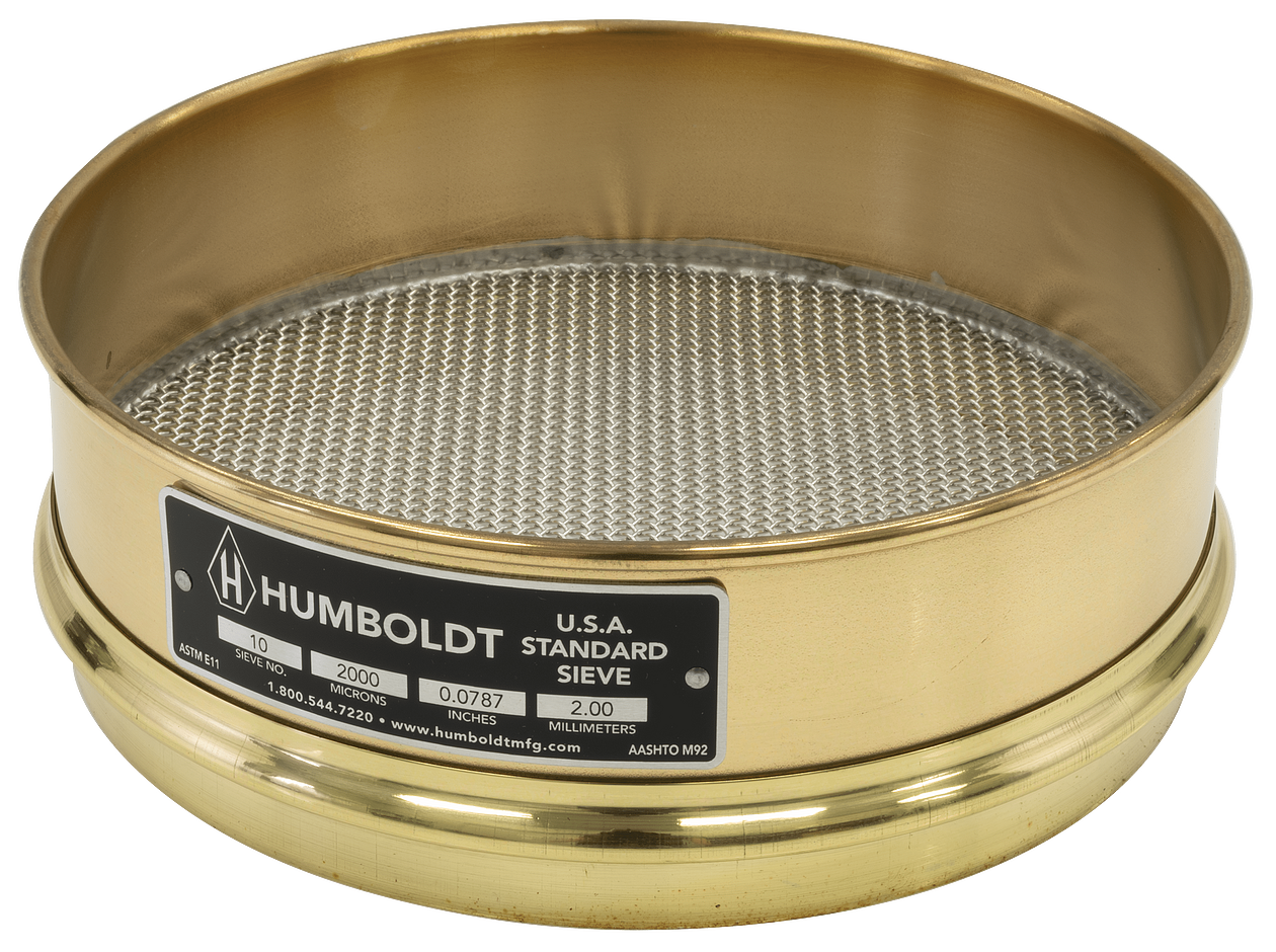 8" Dia., No. 10 (2.00mm) Brass Frame Stainless Mesh, 2" (50mm) Full Height Frame Standard Sieve