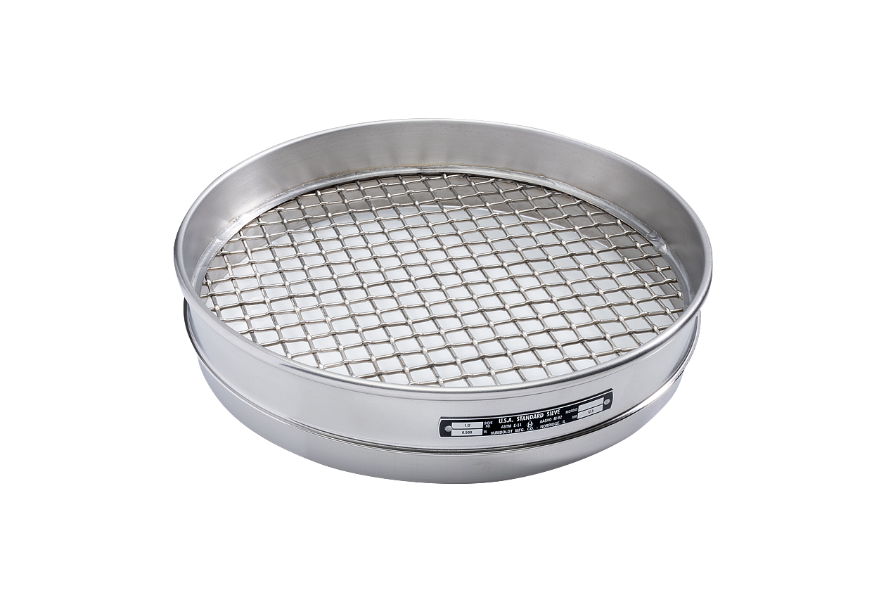 12" Dia., 3/4" (19.0mm) Stainless Frame Stainless Mesh, 1.625" (41mm) Half Height Frame Standard Sieve